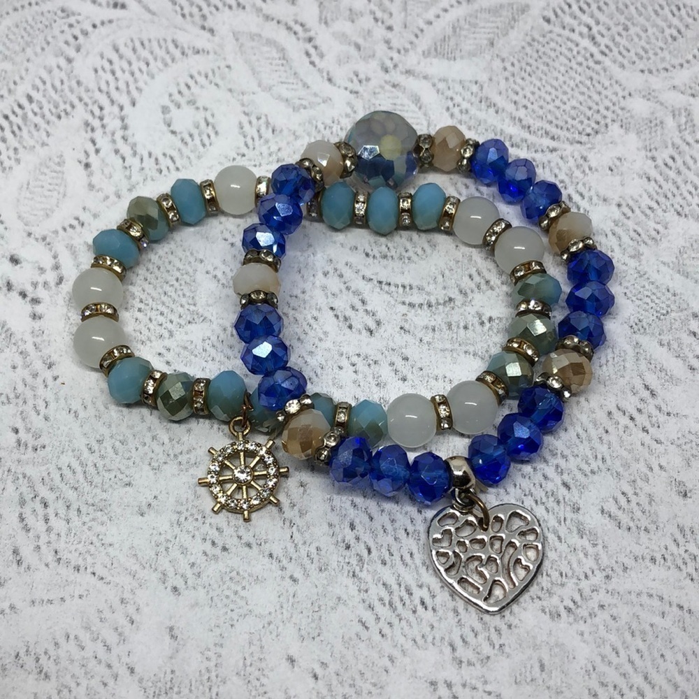 Bundle lot 2 crystal stretch charm bracelets nautical and heart charms